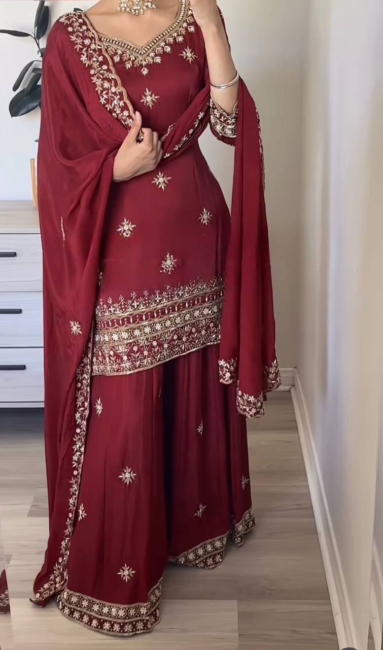Wine Red Embroidered Sharara Suit Set with Dupatta for Women | Designer Wedding & Sangeet Wear