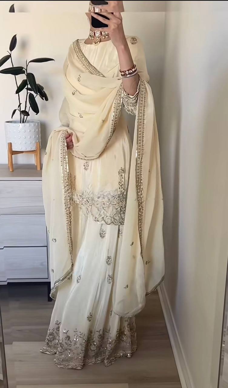 Party Wear Crepe Sharara Suit Set with Dupatta for Women | Party Wear Palazzo Suit