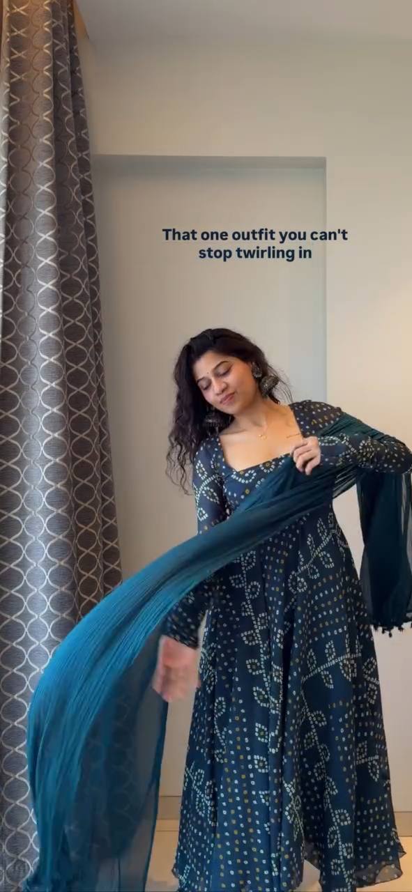 Teal Blue Printed Georgette Women's Anarkali Suit Set