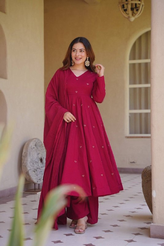Festive Wear Roman Silk Anarkali Gown Suit Set with Palazzo & Chanderi Dupatta Set | Wedding, Engagement & Reception Outfit