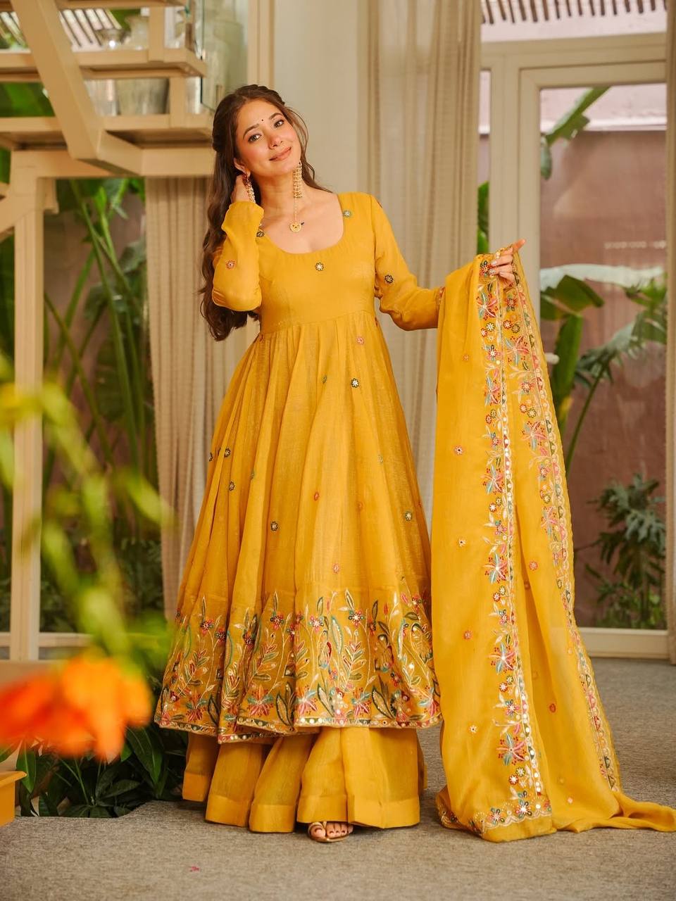 Mustard Yellow Embroidered Anarkali Palazzo Set With Dupatta | Designer Festive Wear for Women