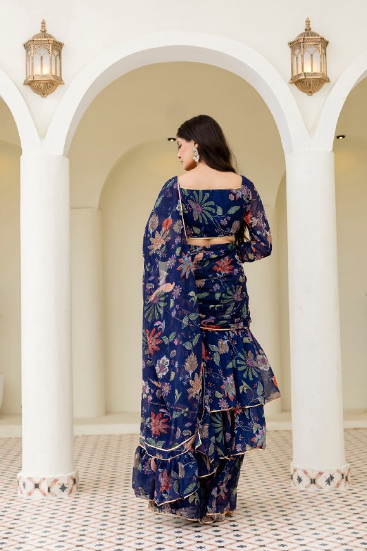 Floral Ruffle Ready to Wear Lehenga Saree with Full Sleeve Blouse