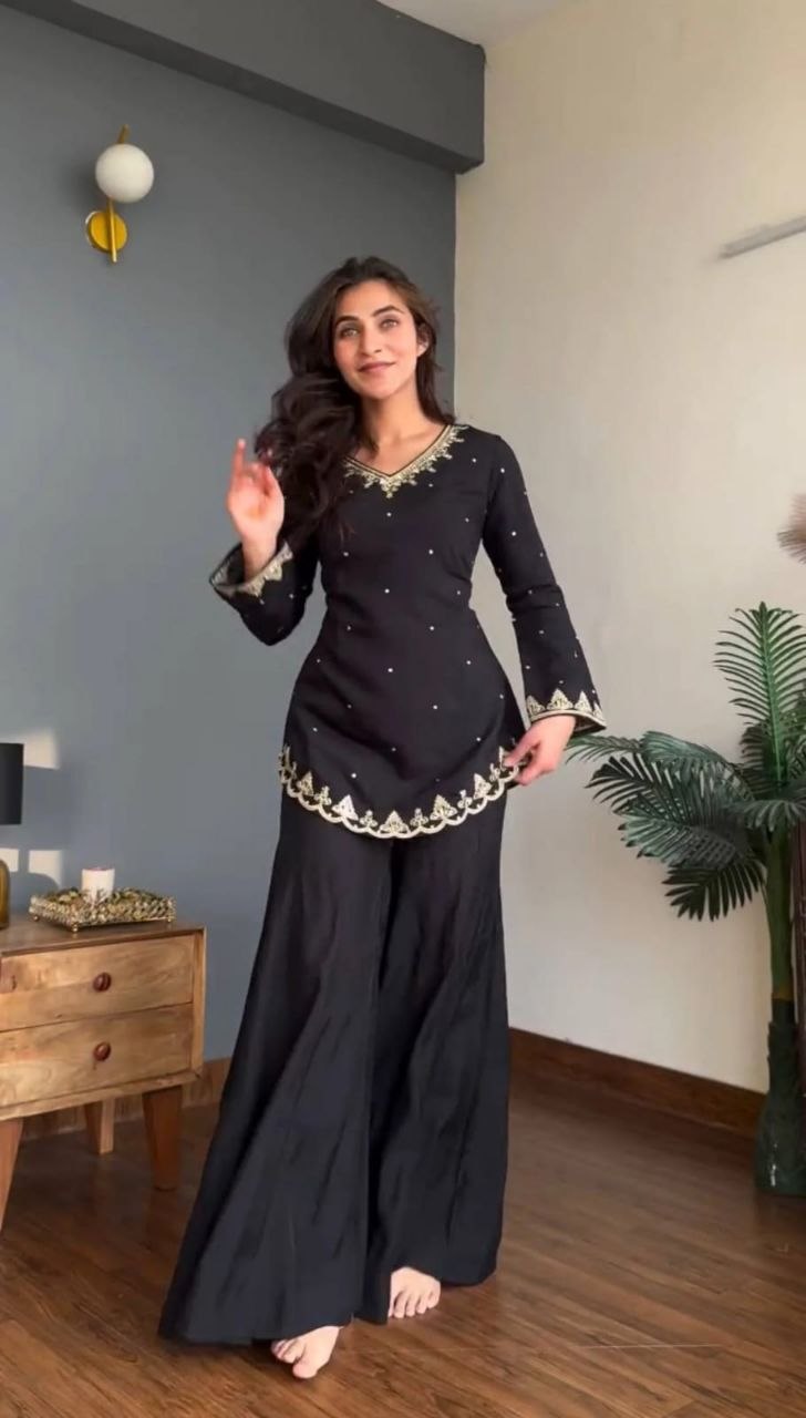 Black Designer Kurta Palazzo Set with Organza Dupatta for Women