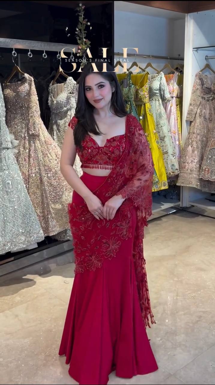 Red Ready-to-Wear Lehenga Saree Set with Sequins Embroidery – Designer Party Wear for Women