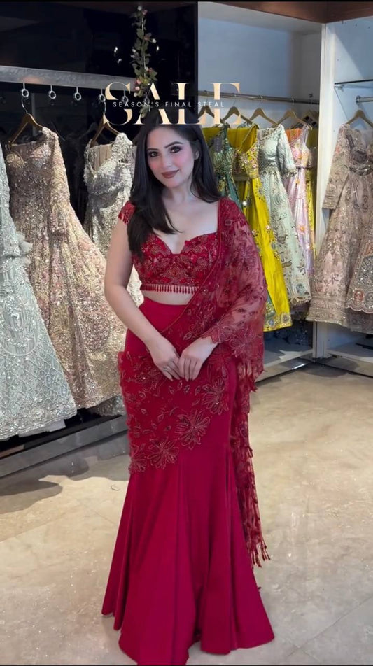 Red Ready-to-Wear Lehenga Saree Set with Sequins Embroidery – Designer Party Wear for Women