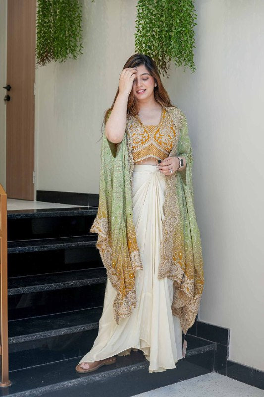 Party Wear Indo-Western Draped Saree Set with Embroidered Shrug - Western Saree Outfit for Women