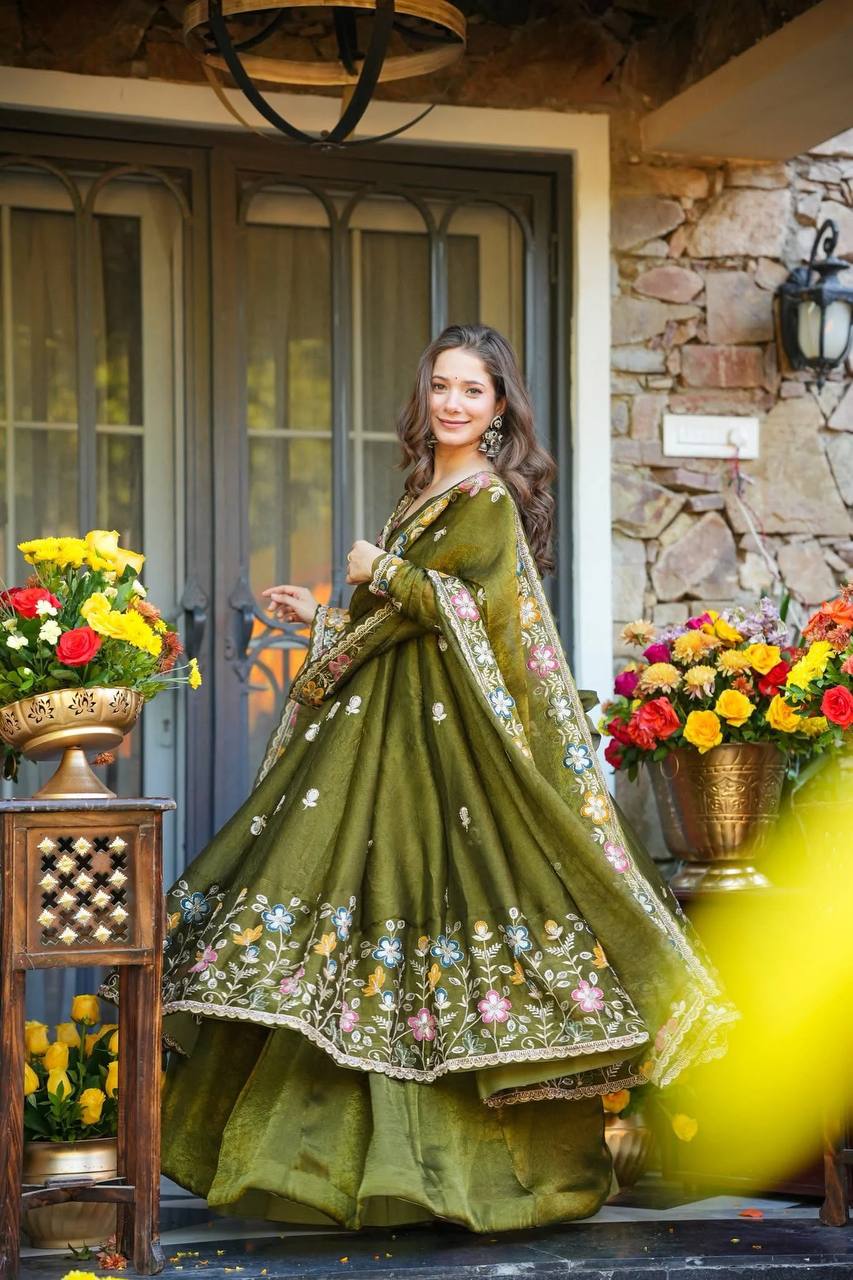 Mehndi Green Embroidered Anarkali Suit Set with Sharara For Wedding