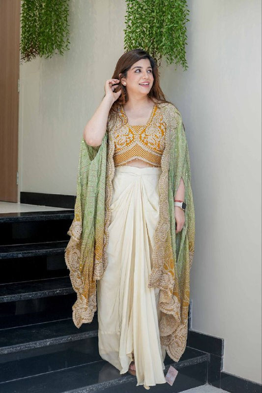 Party Wear Indo-Western Draped Saree Set with Embroidered Shrug - Western Saree Outfit for Women