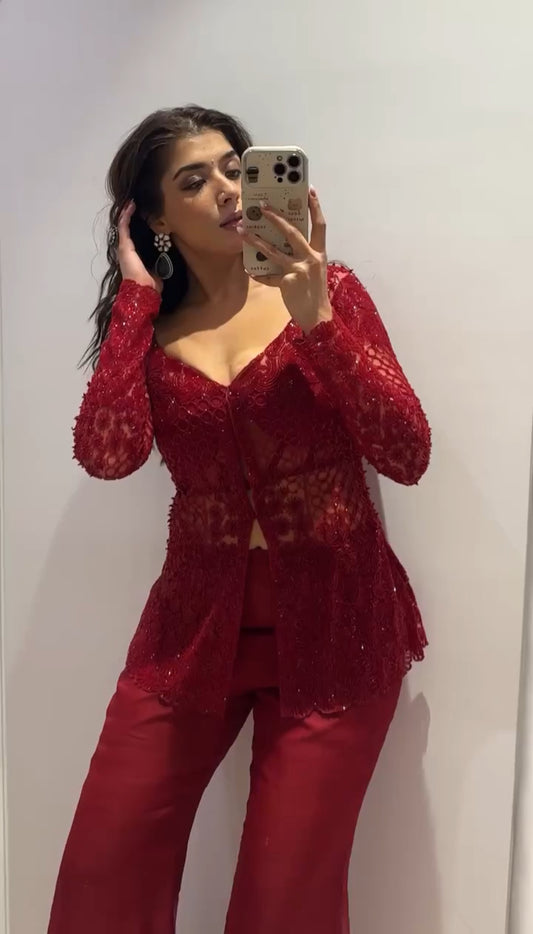 Party Wear Red Sequin Co-ord Palazzo Suit for Women