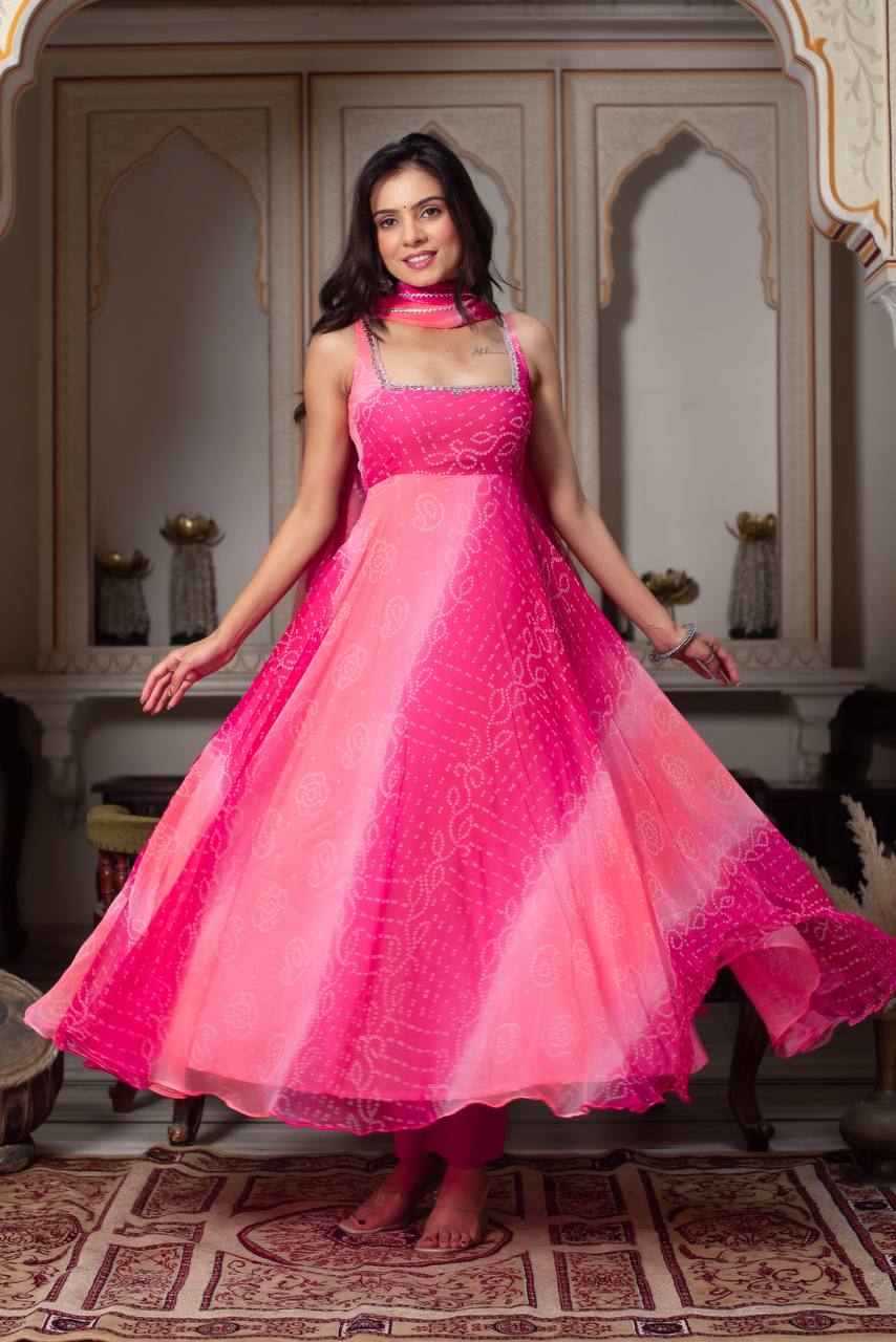 Luxury Pink  Real Mirror Handwork Anarkali Suit Set with  Dupatta & Pant