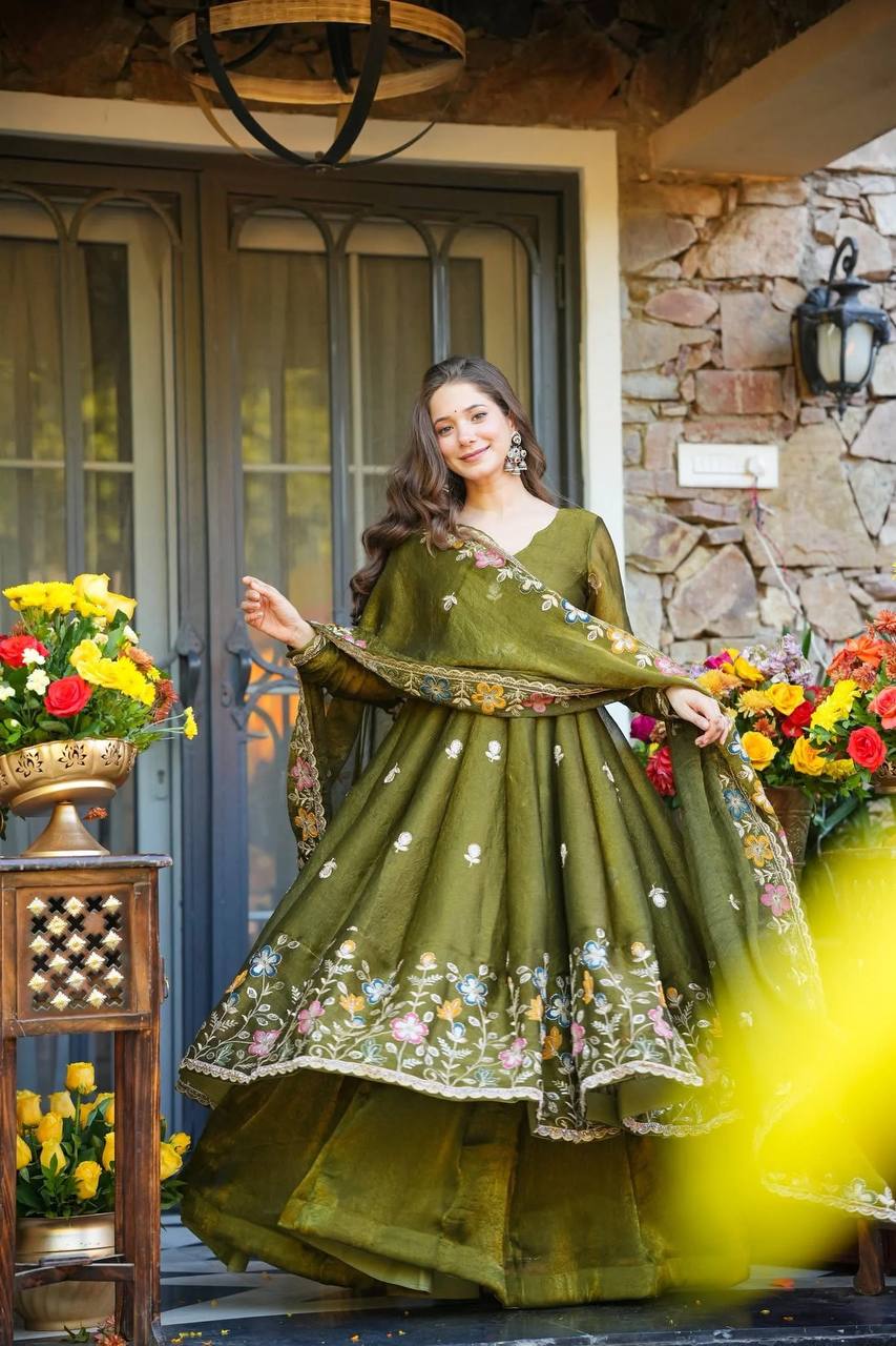 Mehndi Green Embroidered Anarkali Suit Set with Sharara For Wedding