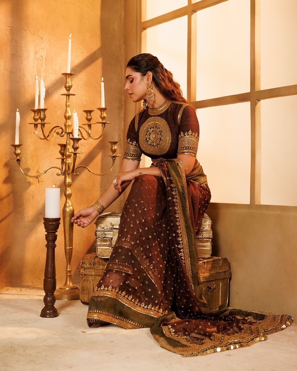 Celebrity Inspired Chocolate Brown Sequins Saree with Designer Blouse | Luxury Party Wear Saree for Women