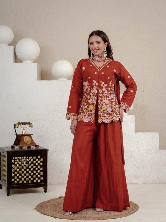 Rust Orange Silk Kurta Palazzo Suit Set for Women | Premium Wedding & Festive Wear