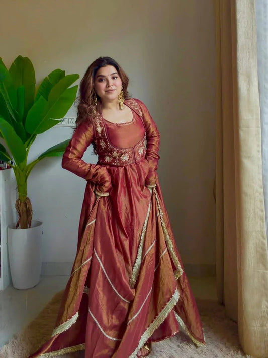 Rust Silk Embroidered Anarkali Suit Set With Dupatta for Women | Designer Party Wear Ethnic Outfit