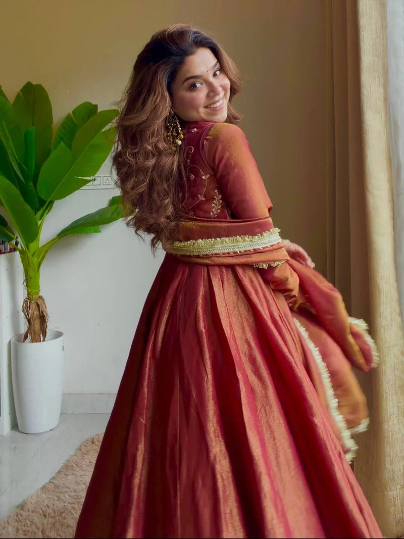Rust Silk Embroidered Anarkali Suit Set With Dupatta for Women | Designer Party Wear Ethnic Outfit