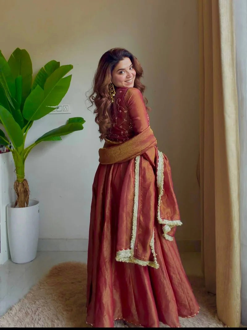Rust Silk Embroidered Anarkali Suit Set With Dupatta for Women | Designer Party Wear Ethnic Outfit