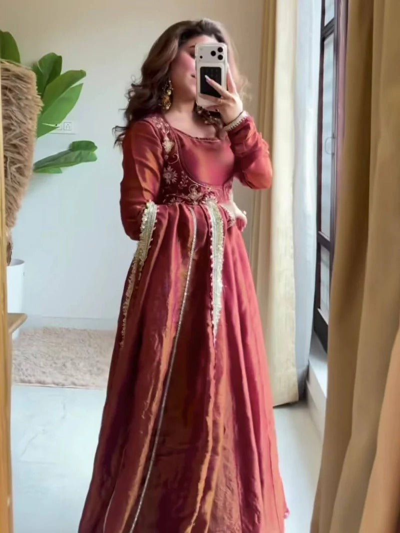 Rust Silk Embroidered Anarkali Suit Set With Dupatta for Women | Designer Party Wear Ethnic Outfit