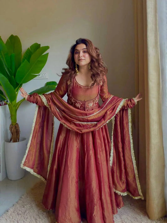 Rust Silk Embroidered Anarkali Suit Set With Dupatta for Women | Designer Party Wear Ethnic Outfit