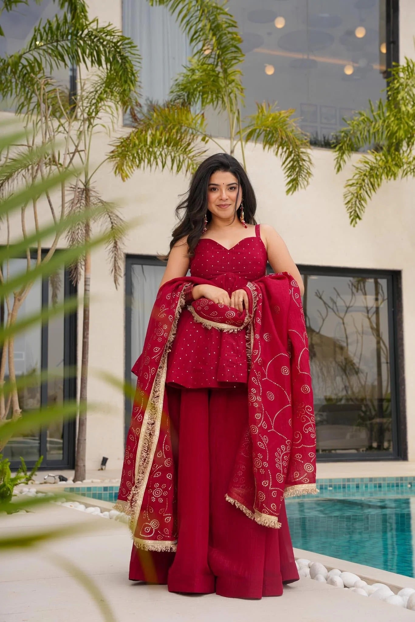 Red Crushed Tissue Kurta Palazzo Set with Matching Dupatta – Festive & Party Wear dress