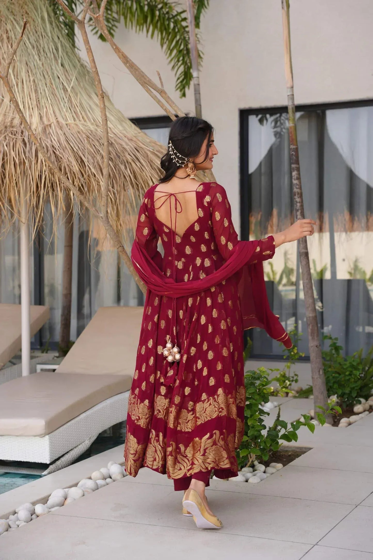 Elegant Maroon Anarkali Suit with Golden Zari Work & Dupatta – Festive Ethnic Wear