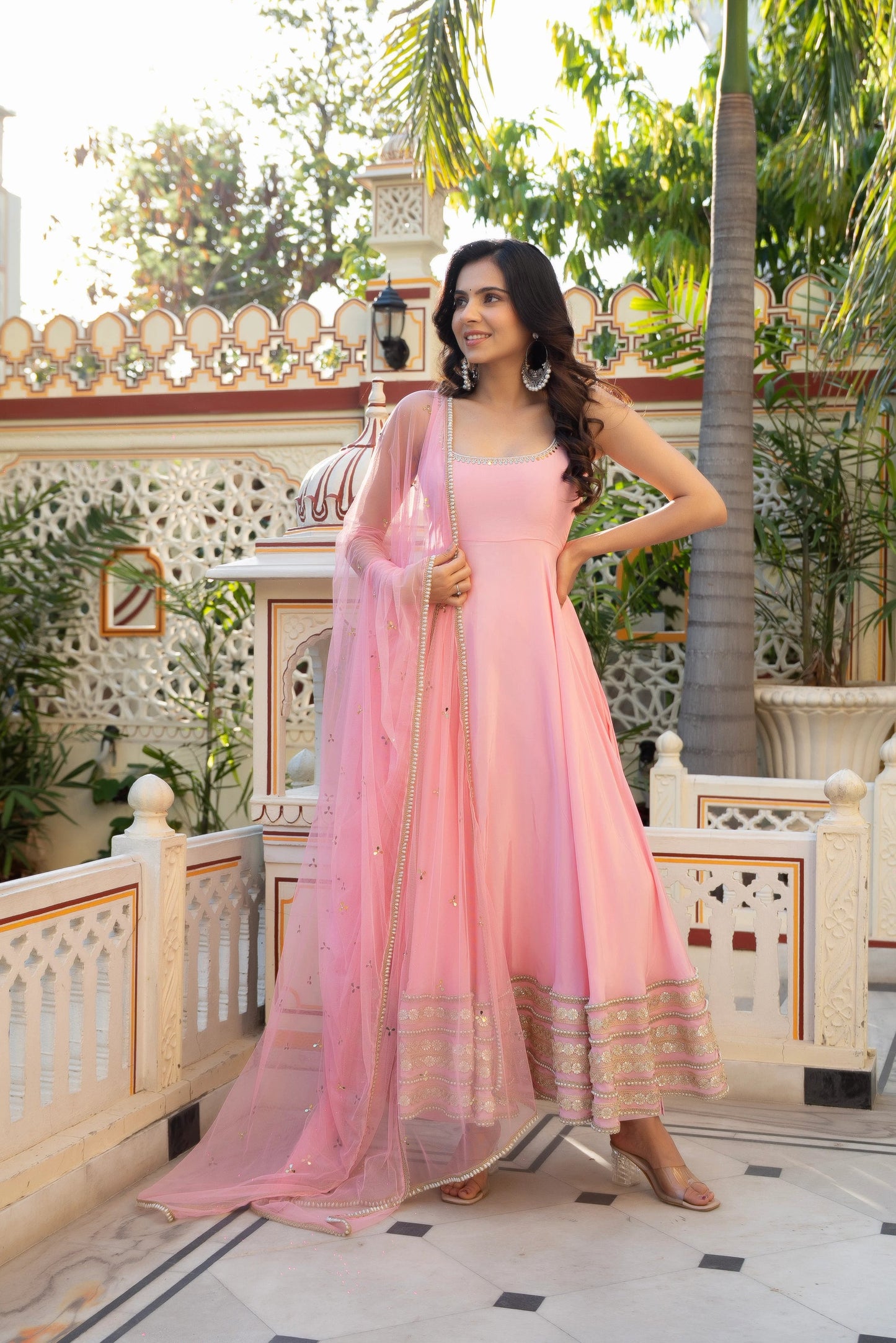 Traditional Pink Designer Anarkali Suit Set for Women with Net Dupatta