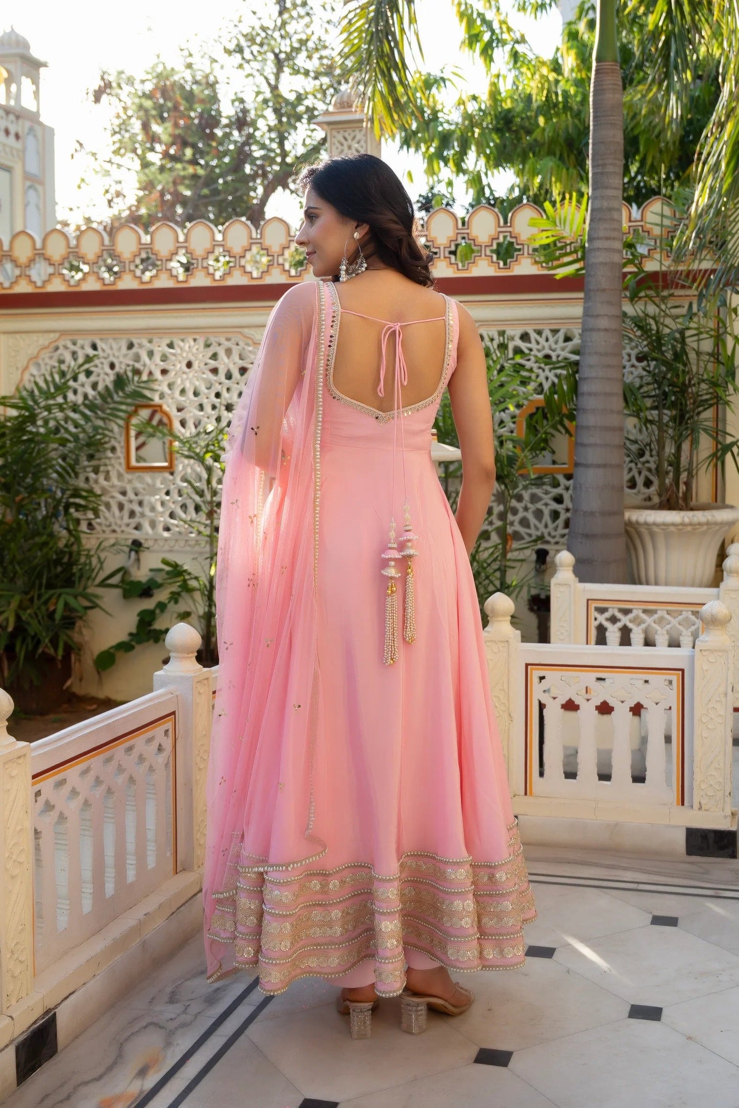 Traditional Pink Designer Anarkali Suit Set for Women with Net Dupatta