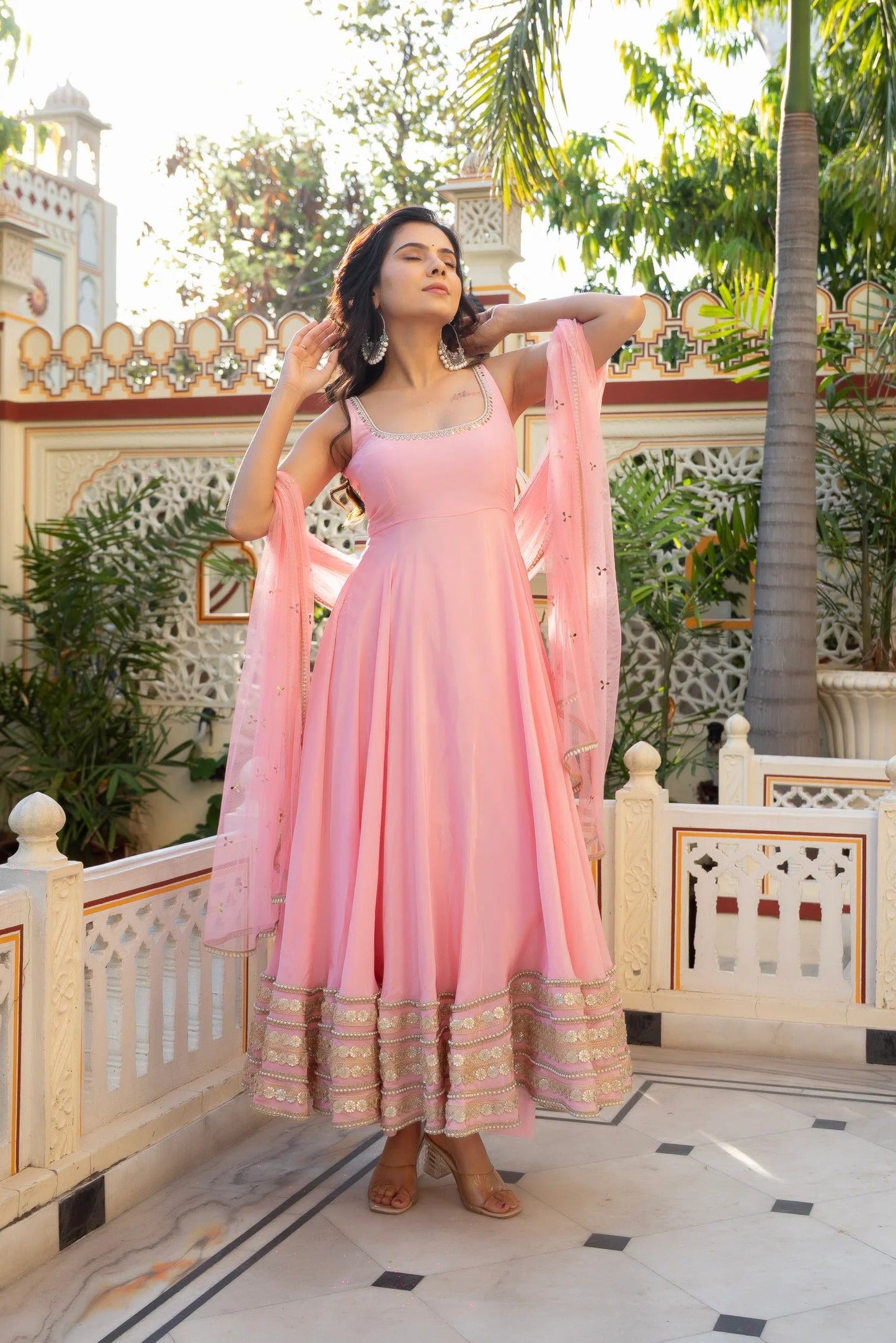 Traditional Pink Designer Anarkali Suit Set for Women with Net Dupatta