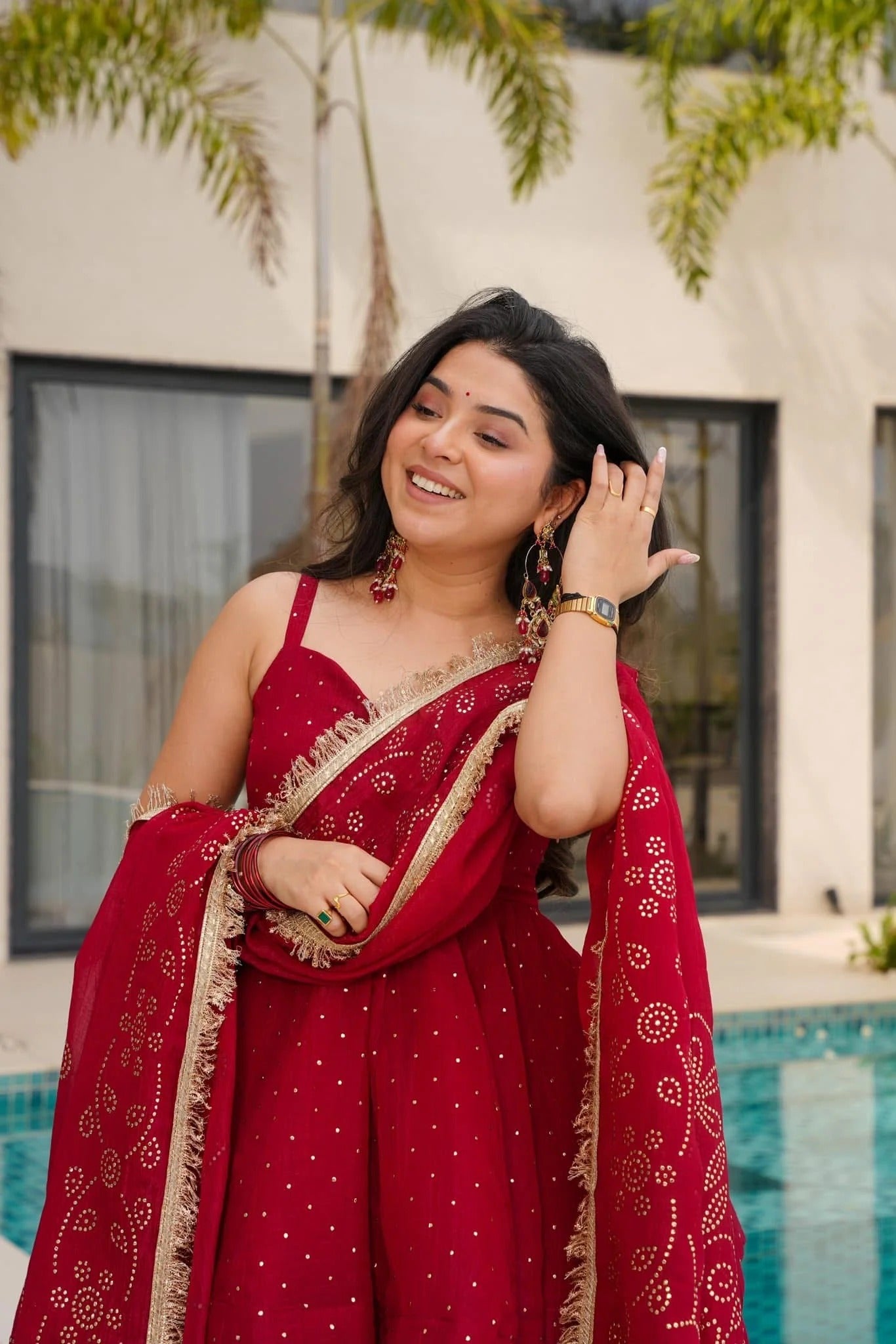 Red Crushed Tissue Kurta Palazzo Set with Matching Dupatta – Festive & Party Wear dress