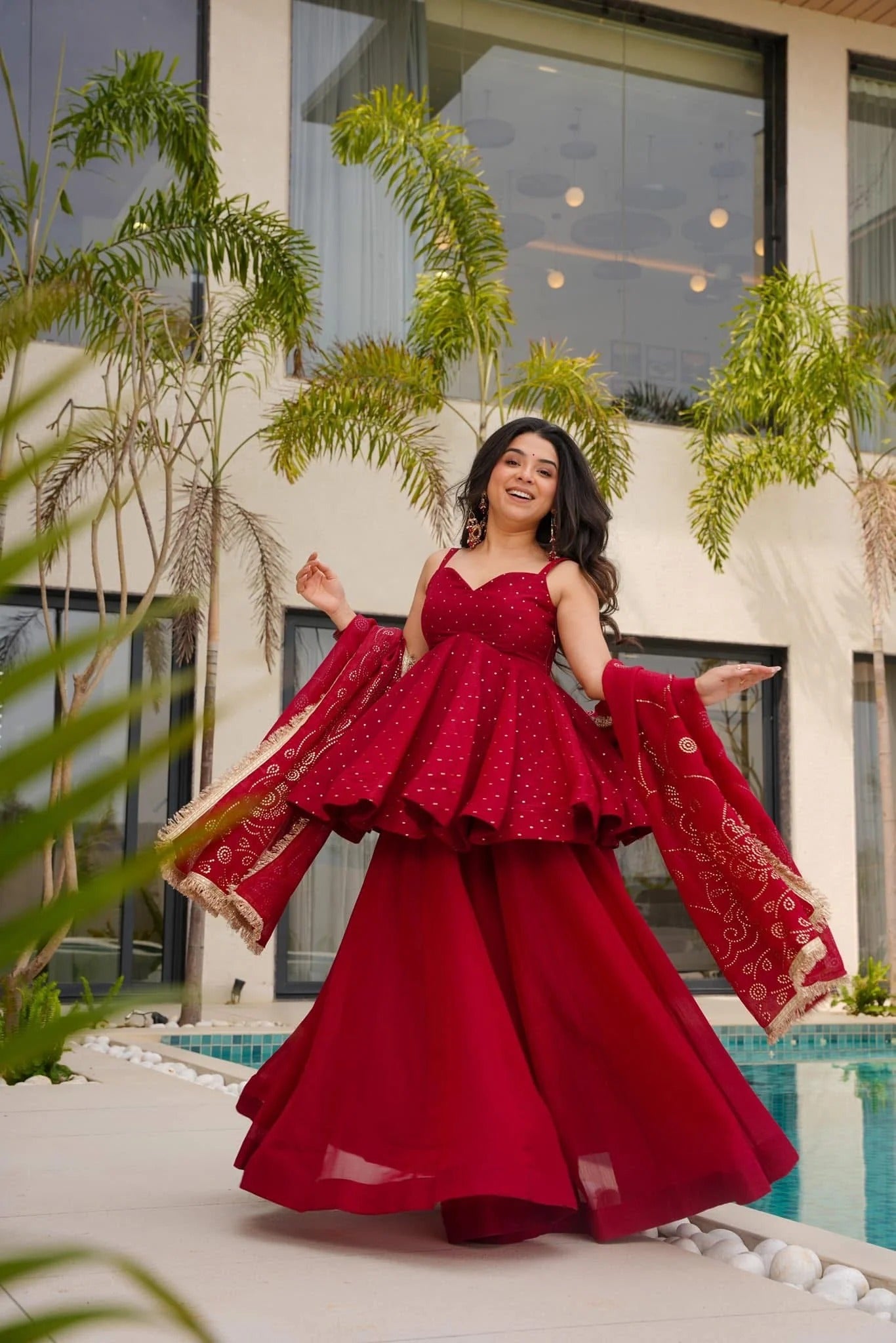 Red Crushed Tissue Kurta Palazzo Set with Matching Dupatta – Festive & Party Wear dress