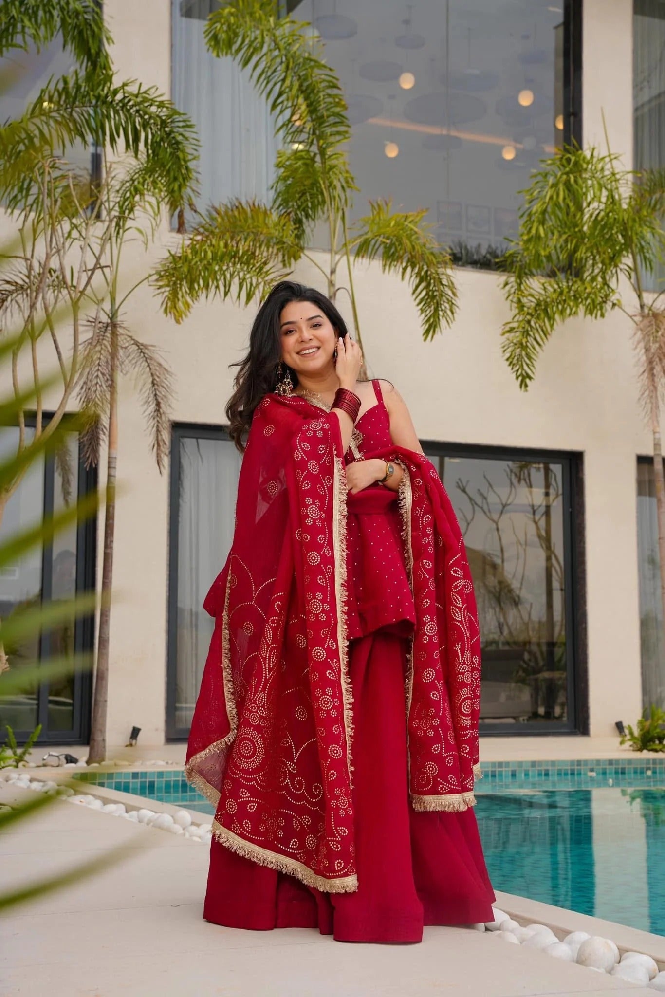 Red Crushed Tissue Kurta Palazzo Set with Matching Dupatta – Festive & Party Wear dress