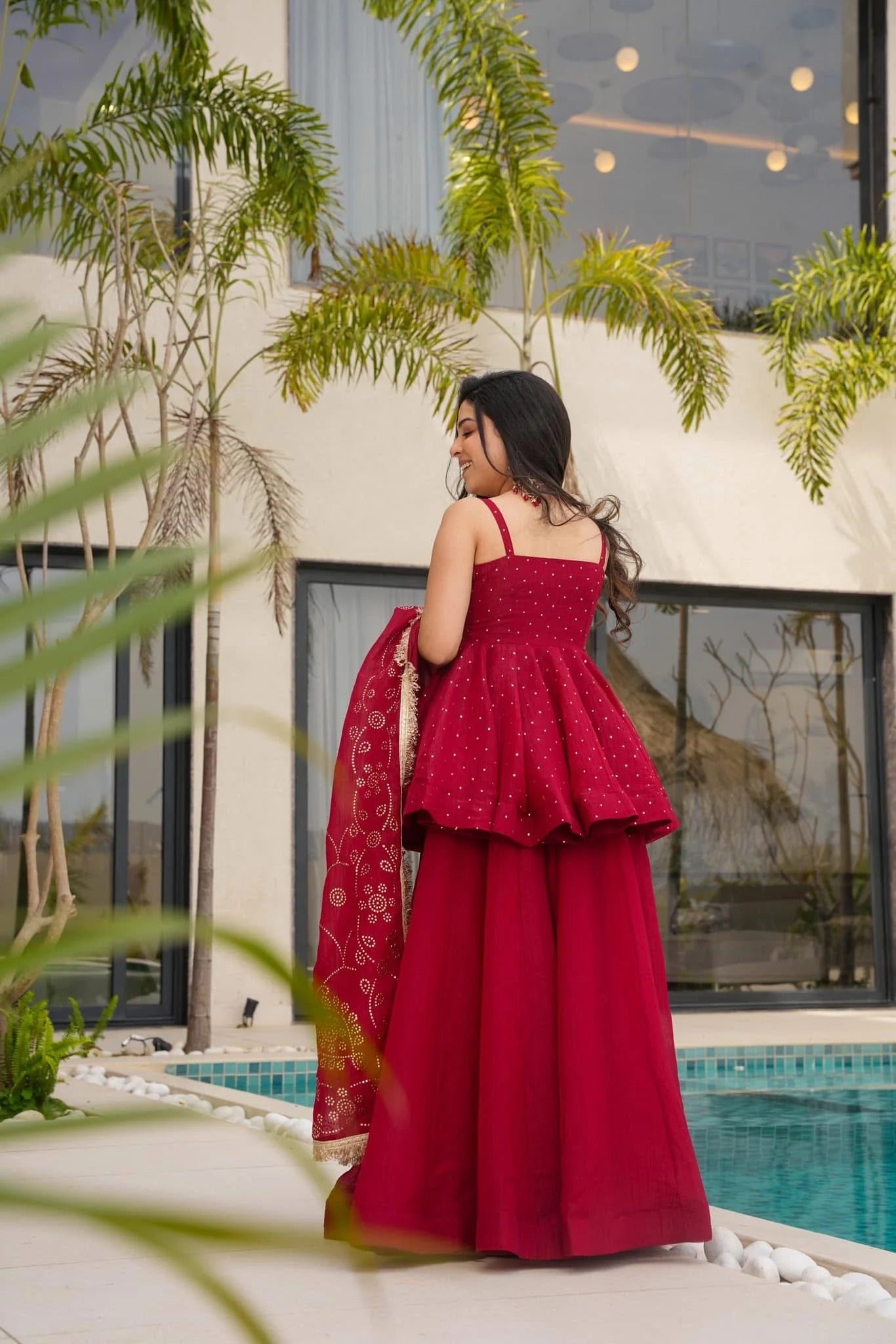 Red Crushed Tissue Kurta Palazzo Set with Matching Dupatta – Festive & Party Wear dress