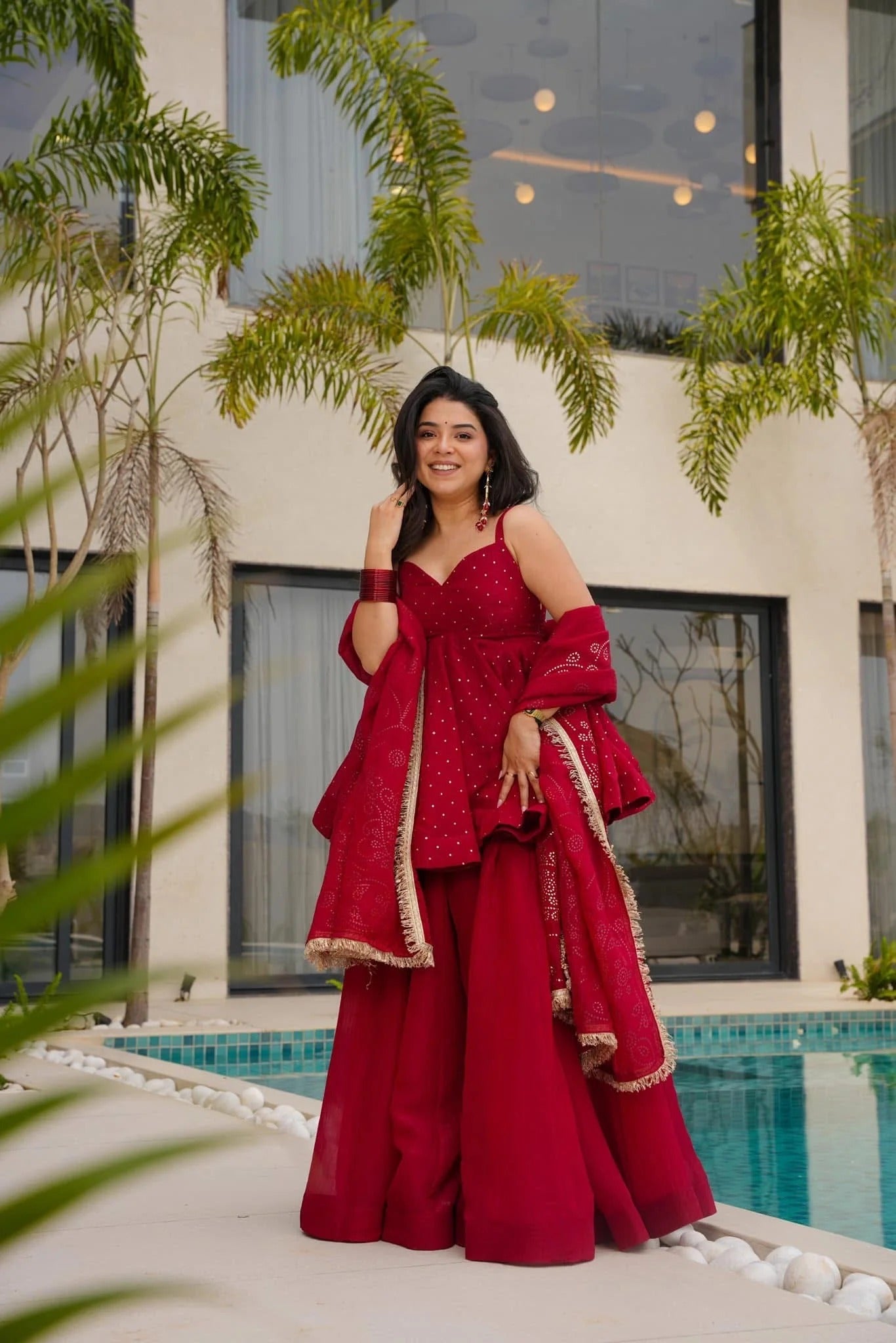 Red Crushed Tissue Kurta Palazzo Set with Matching Dupatta – Festive & Party Wear dress