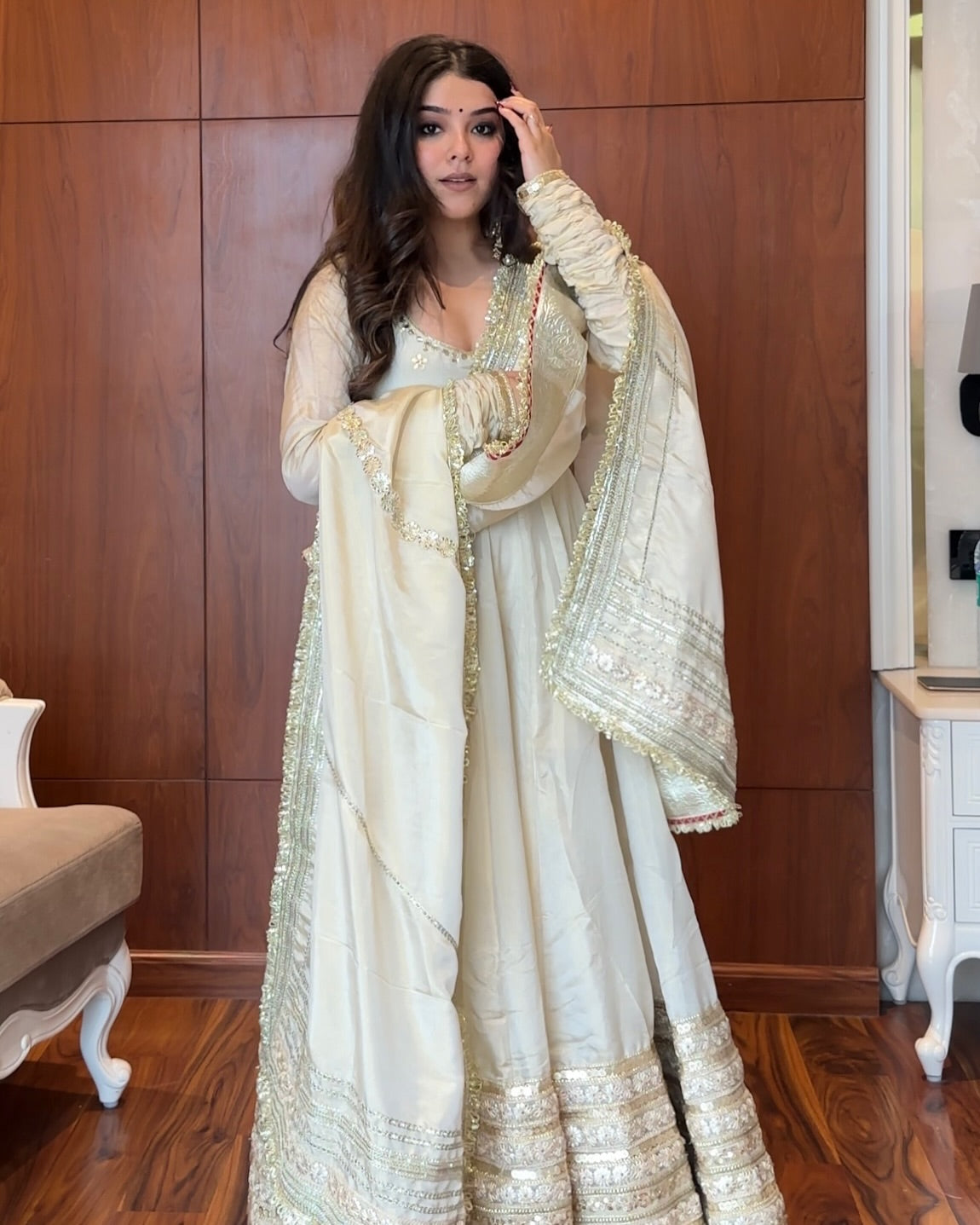 White Chinon Embroidered Work Anarkali Set