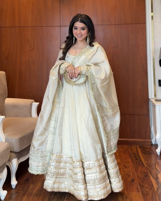 White Chinon Embroidered Work Anarkali Set