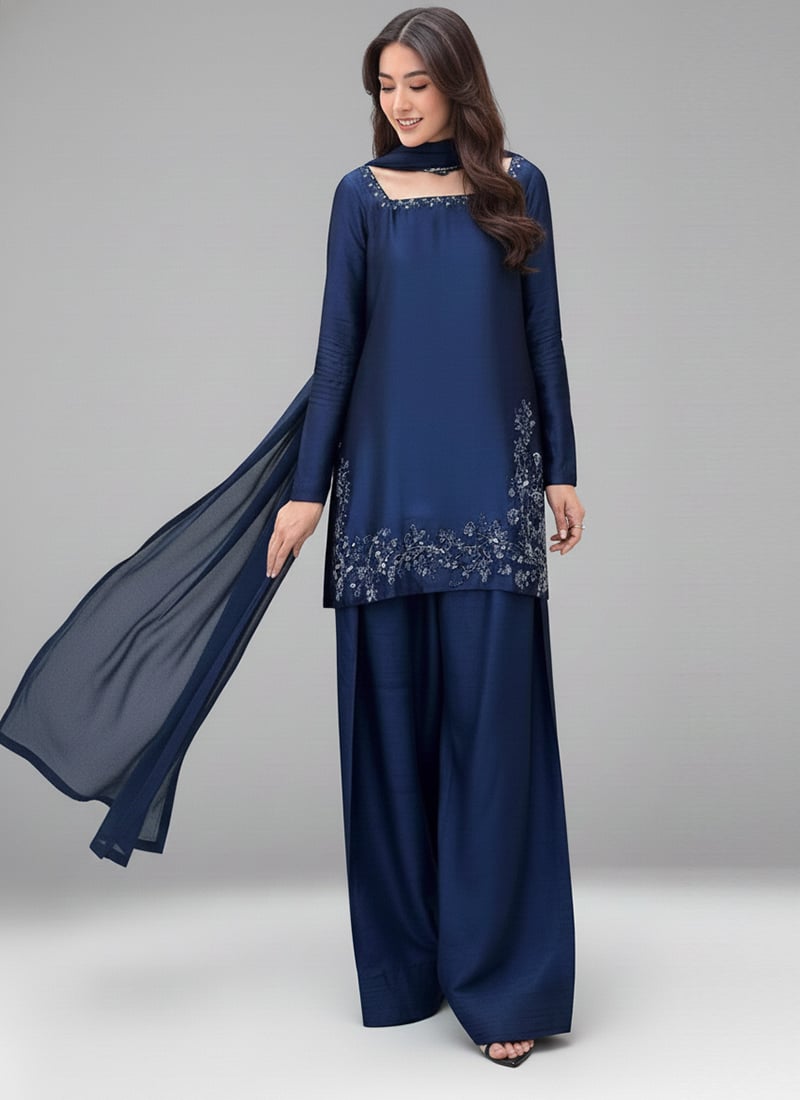 Navy Blue Zari Handwork Farshi Salwar Suit Set Women | Elegant Party Wear Palazzo Suit with Dupatta