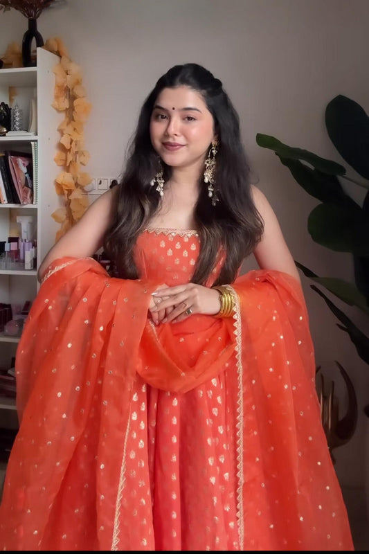 Neha Bhandari Orange Jacquard Anarkali Gown