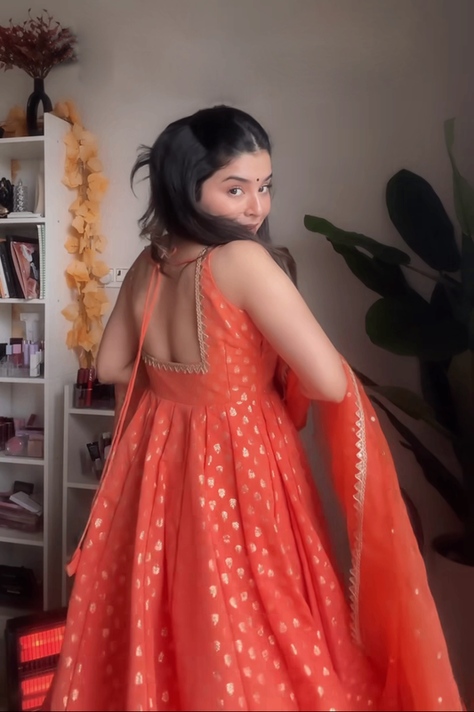 Neha Bhandari Orange Jacquard Anarkali Gown