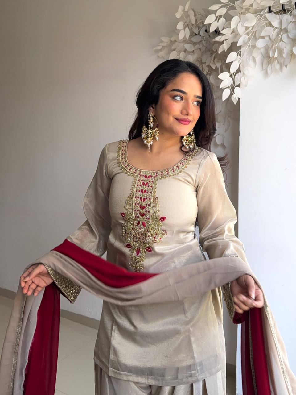 festive wear Organza Pearl Farshi Salwar Suit Set with Ruby Red Dupatta