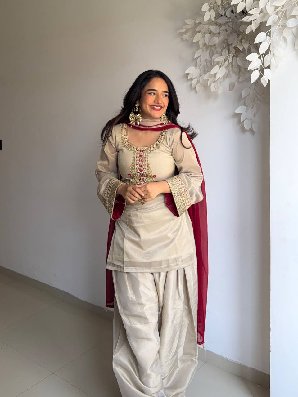 festive wear Organza Pearl Farshi Salwar Suit Set with Ruby Red Dupatta