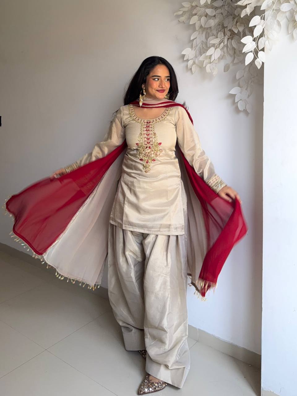 festive wear Organza Pearl Farshi Salwar Suit Set with Ruby Red Dupatta