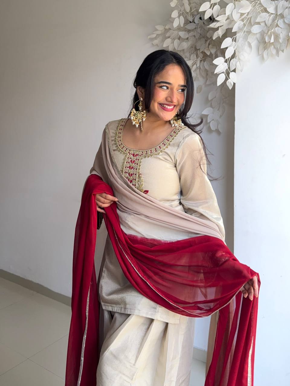 festive wear Organza Pearl Farshi Salwar Suit Set with Ruby Red Dupatta
