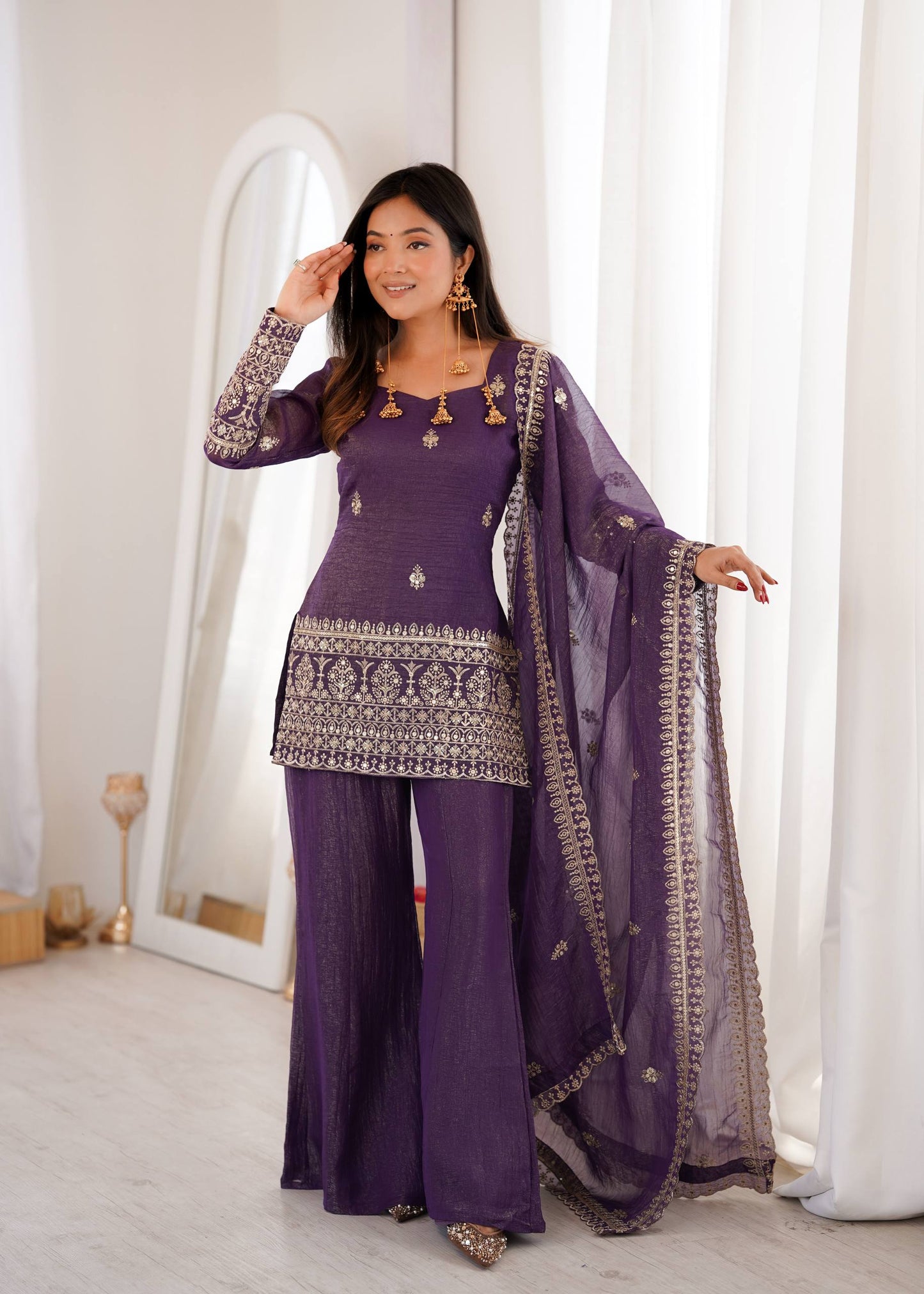 Wedding Wear Purple Chanderi Palazzo Suit Set for Women