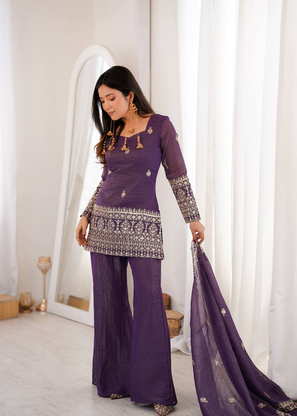 Wedding Wear Purple Chanderi Palazzo Suit Set for Women