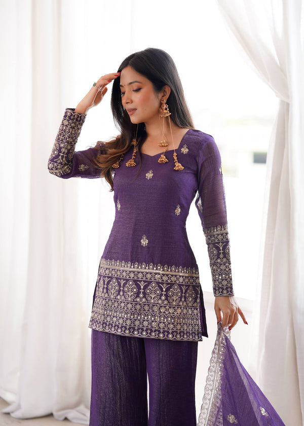 Wedding Wear Purple Chanderi Palazzo Suit Set for Women