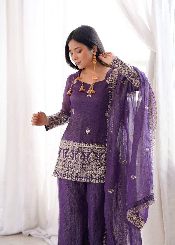 Wedding Wear Purple Chanderi Palazzo Suit Set for Women