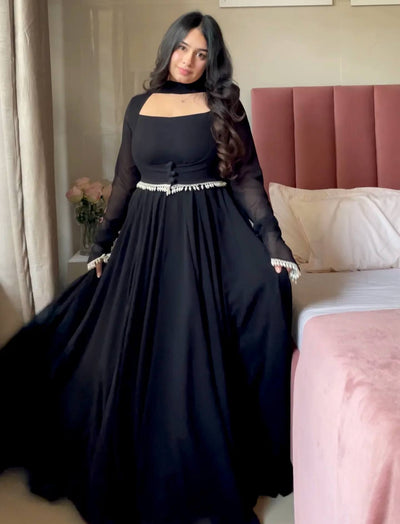 Black Jacket Style Anarkali Gown for Women with Dupatta