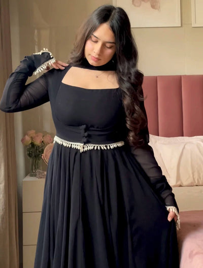 Black Jacket Style Anarkali Gown for Women with Dupatta