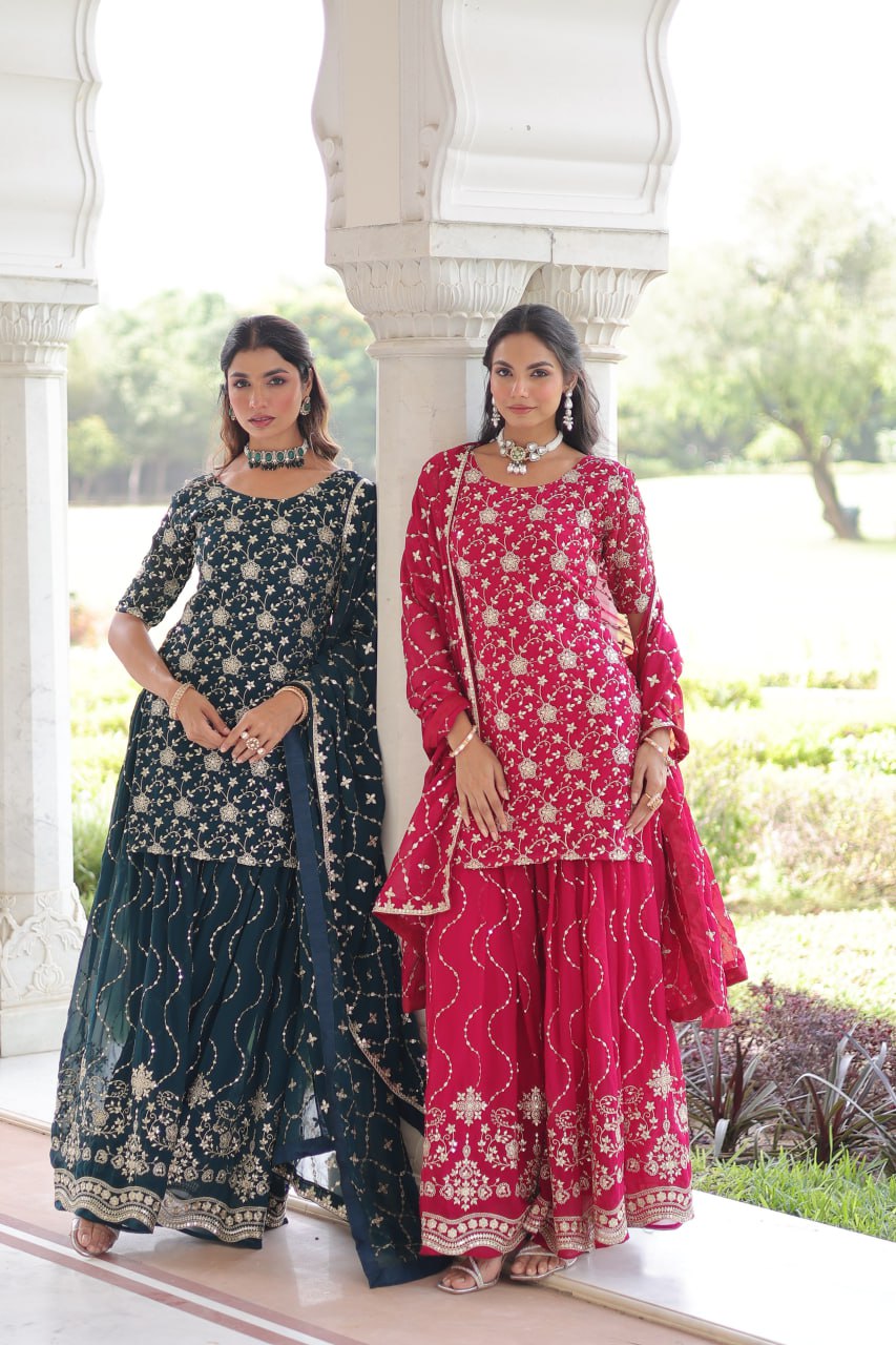 Faux Georgette Kurti Sharara Set with Rich Sequin Embroidery & Matching Dupatta