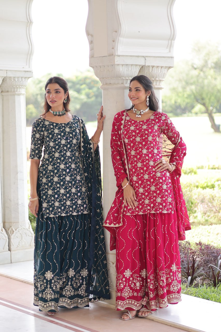 Faux Georgette Kurti Sharara Set with Rich Sequin Embroidery & Matching Dupatta