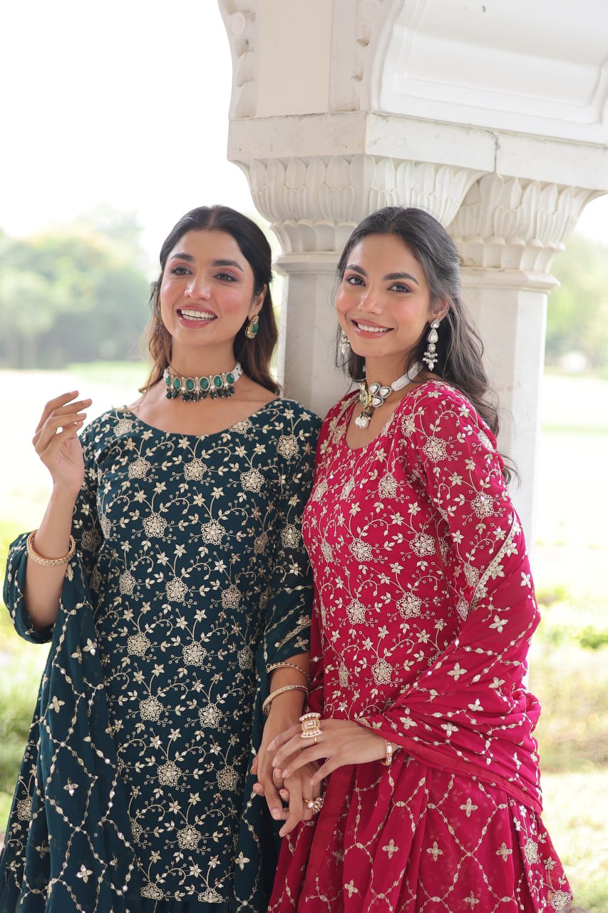 Faux Georgette Kurti Sharara Set with Rich Sequin Embroidery & Matching Dupatta